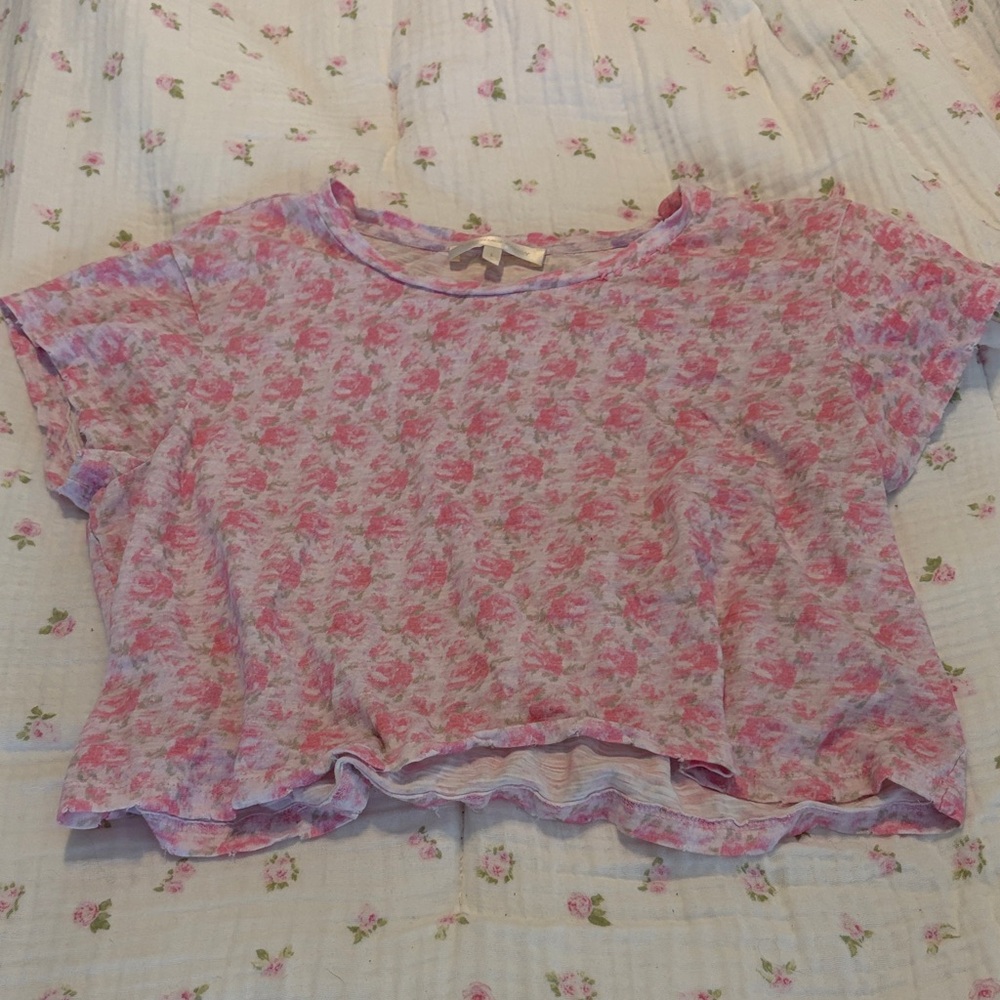 Pink Floral Short Sleeve Crop Top